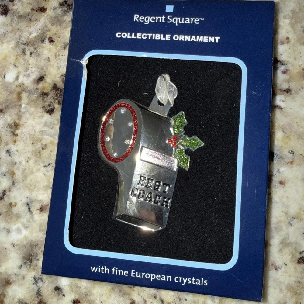 Coach whistle Red White Europe Crystals  Christmas ornament New In Box.‎ 5558